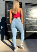 JEANS CLASICO RE-ELASTIZADO CELESTE NEVADO CON BIGOTES Y COSTURA BLANCO - Imagen 6