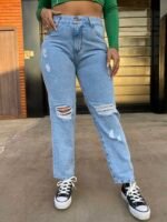 JEAN MOM RIGIDO CELESTE CON ROTURAS LASER