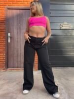 JEAN WIDE RIGIDO NEGRO CON DETALLE EN EL BOLSILLO DE ATRAS - Imagen 4