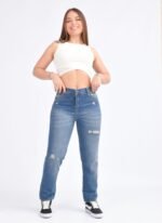 JEAN MOM RIGIDO AZUL OXIDO CON ROTURAS LASER - Imagen 6