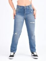 JEAN MOM RIGIDO AZUL OXIDO CON ROTURAS LASER