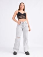 JEAN WIDE GREY RIGIDO CON ROTURAS LASER - Imagen 6