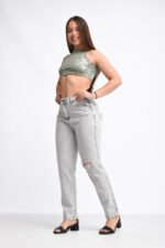JEAN MOM RIGIDO GREY CON ROTURAS LASER - Imagen 4