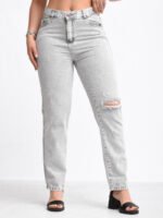 JEAN MOM RIGIDO GREY CON ROTURAS LASER