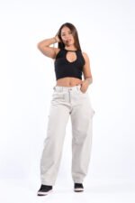 JEAN BAGGY RIGIDO CARPINTERO BEIGE CON CINTURA REGULADORA - Imagen 6