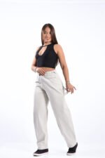 JEAN BAGGY RIGIDO CARPINTERO BEIGE CON CINTURA REGULADORA - Imagen 5