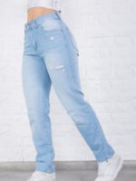 Jean Mom Rígido Celeste Con Roturas Láser