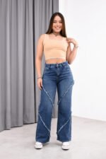 JEAN WIDE RIGIDO AZUL NEVADO CON COSTURAS DEFLECADOS - Imagen 5