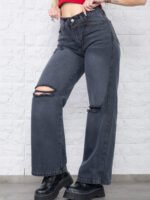 JEAN WIDE RIGIDO GRIS CON ROTURAS