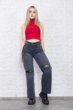 JEAN WIDE RIGIDO GRIS CON ROTURAS - Imagen 5