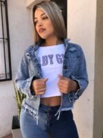 CAMPERA RIGIDA AZUL NEVADO CON ROTURAS LASER