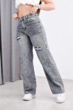 JEAN WIDE RIGIDO GRIS CON ROTURAS LASER - Imagen 3