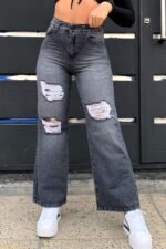 JEAN WIDE GRIS RIGIDO CON ROTURAS Y BIGOTES LASER - Imagen 3