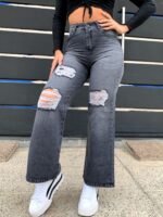 JEAN WIDE GRIS RIGIDO CON ROTURAS Y BIGOTES LASER