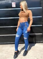 JEAN ELASTIZADO AZUL CON ROTURAS Y BIGOTES LASER - Imagen 3