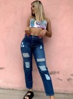 JEAN MOM RIGIDO AZUL CON ROTURAS LASER. - Imagen 9