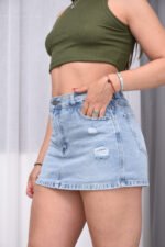 SHORT-POLLERA DOBLE CELESTE CON ROTURAS LÁSER - Imagen 3