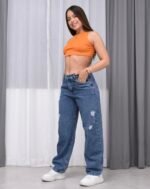 Jean Baggy Rígido Azul Con Roturas Láser - Imagen 3