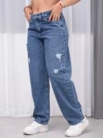 Jean Baggy Rígido Azul Con Roturas Láser - Imagen 4