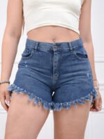 SHORT RÍGIDO AZUL PLAYERO CON ROTURAS LÁSER