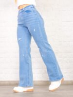 PANTALON WIDE ELASTIZADO CELESTE CON ROTURAS LÁSER