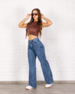 PANTALON WIDE LEG AZUL RIGIDO CON CINTURA REGULABLE - Imagen 3